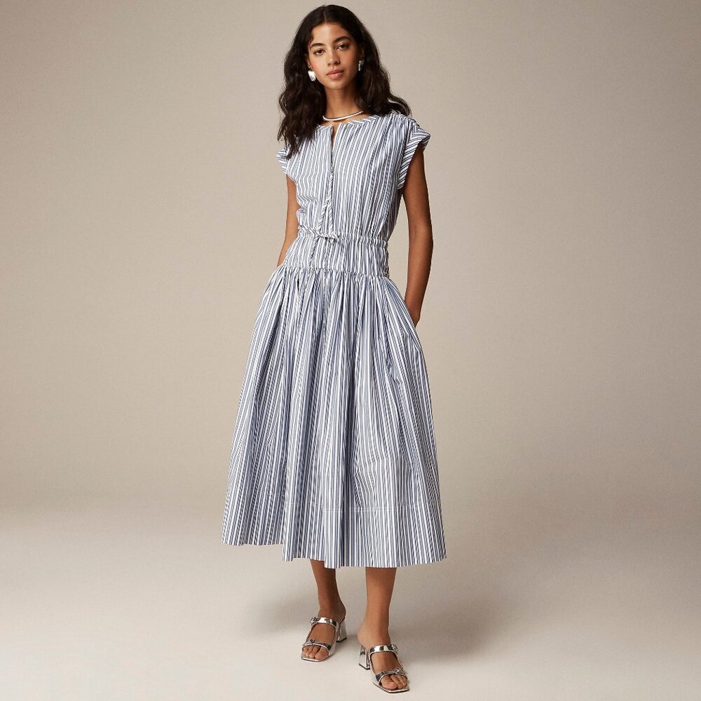 J Crew NWT Drop-Waist Midi Dress in Striped Cotton Poplin Blue size 3X